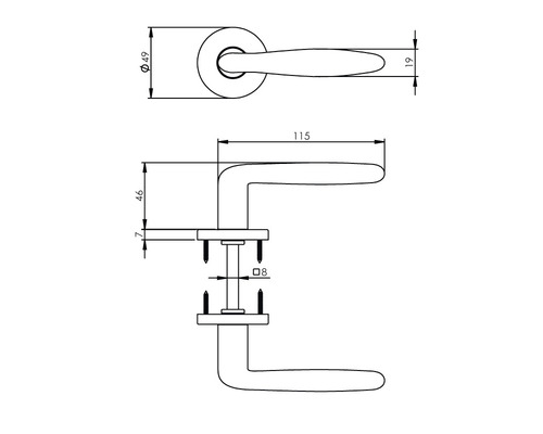 Technische tekening van een deurklink met maatvoering
