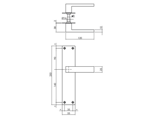 Technische tekening van een deurklink met afmetingen