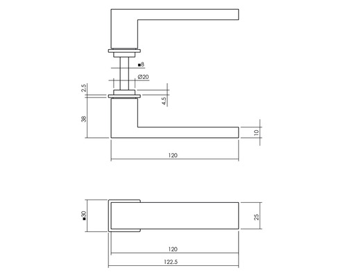 Technische tekening van een deurklink met afmetingen