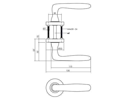 Technische tekening van een deurklink met afmetingen.