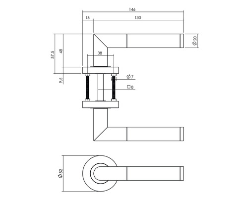 Technische tekening van een deurklink met maatvoering