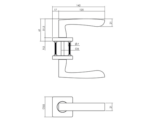 Technische tekening van een deurklink met maataanduidingen