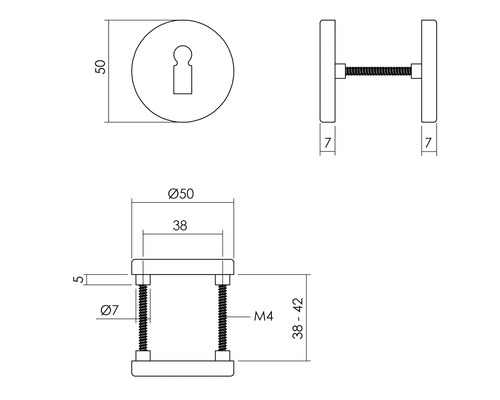 Technische tekening van een deurbeslag met afmetingen