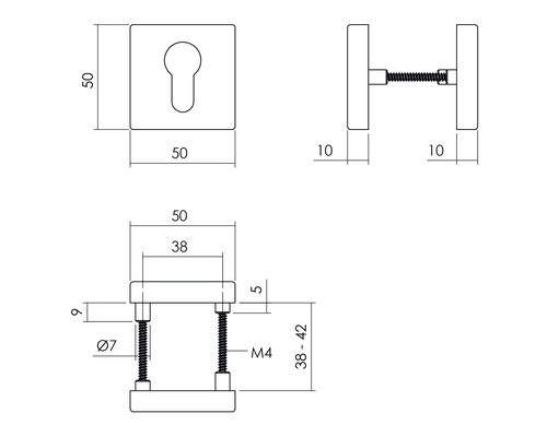 Technische tekening van een deurklink met afmetingen