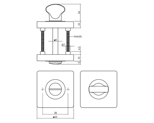 Technische tekening van een draaiknop met afmetingen