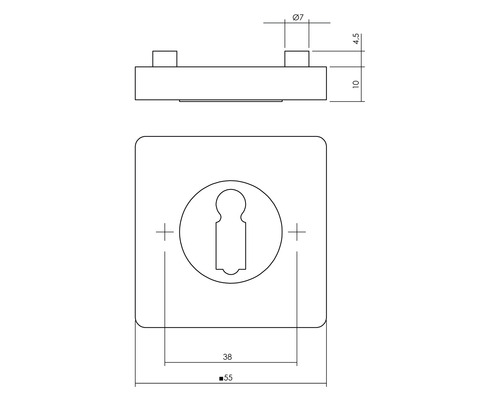 Technische tekening van een deurbeslag met slotopening en maataanduidingen