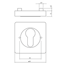 Technische tekening van een deurbeslag met sleutelgat en maatvoering