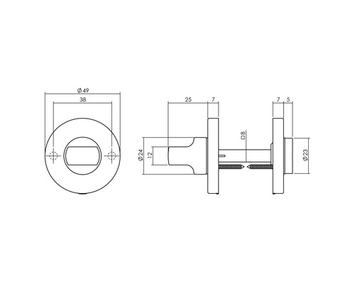 Technische tekening van een deurklink met afmetingen
