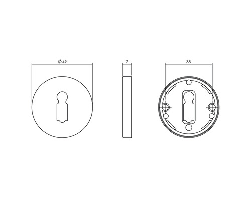 Technische tekening van een deurslot met de afmetingen 49, 7 en 38 millimeter.