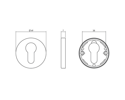 Technische tekening rozet met sleutelgat, diameter 49 millimeter
