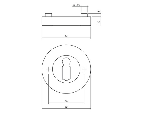 Technische tekening van een deurslot met afmetingen