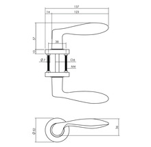 Technische tekening van een deurklink met afmetingen