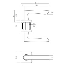 Technische tekening van een deurklinkstel met afmetingen.