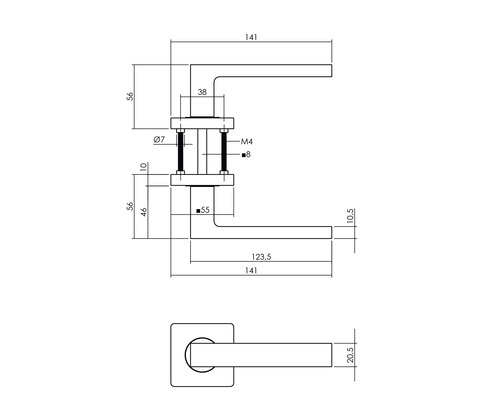 Technische tekening van een deurklink met afmetingen
