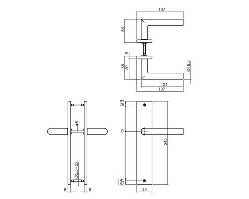 Technische tekening van een deurklink met afmetingen