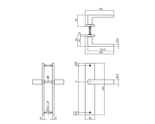 Technische tekening van een deurklink met afmetingen