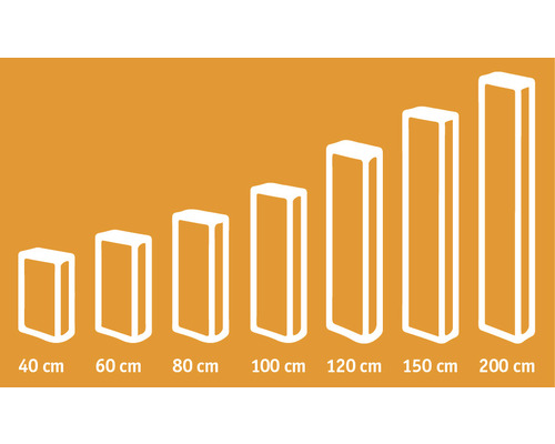 Illustratie van verschillende hoekbankpoten in de hoogtes 40 cm, 60 cm, 80 cm, 100 cm, 120 cm, 150 cm en 200 cm