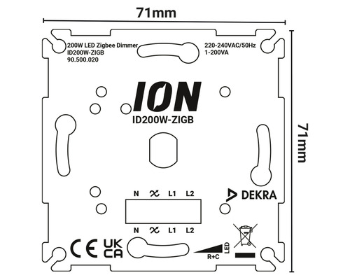 ION LED Zigbee dimmer met afmetingen van 71 x 71 mm.