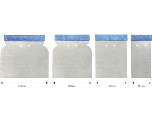 Vier spatels in verschillende maten: 120 mm, 100 mm, 80 mm en 50 mm.