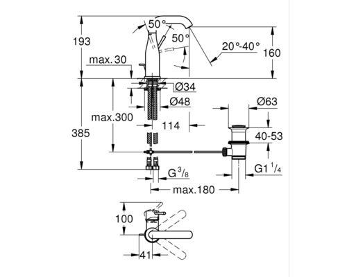 Technische tekening van een kraan met afmetingen