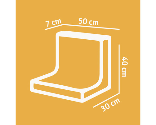 Illustratie van een hoekkussen met de afmetingen 50 x 30 x 40 cm en een dikte van 7 cm.