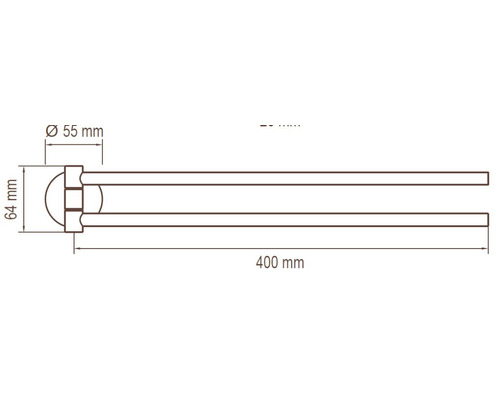 Technische tekening van een handdoekhouder met de afmetingen 400 mm lengte, 55 mm diameter en 64 mm hoogte