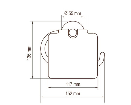 Technische tekening van een toiletpapierhouder met de afmetingen 136 mm hoogte, 152 mm breedte en 55 mm diameter