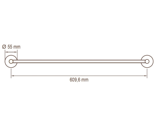 Afbeelding van een handdoekhouder met afmetingen: rozetten hebben een diameter van 55 mm, totale lengte 609,6 mm