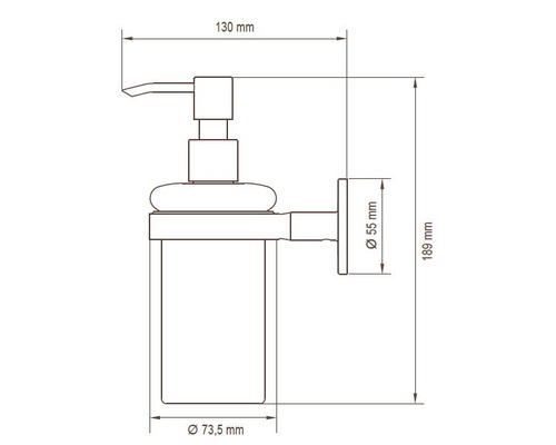 Technische tekening van een zeepdispenser met afmetingen