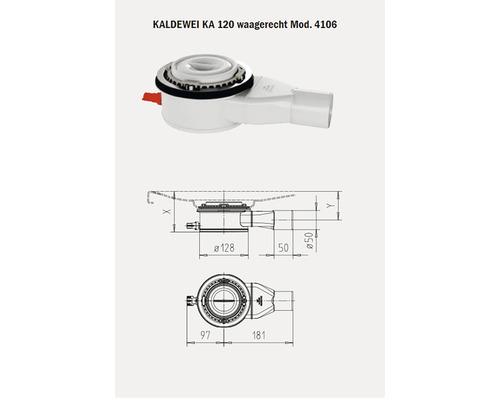 Kaldewei KA 120 horizontale afvoergarnituur Mod. 4106 met maataanduidingen
