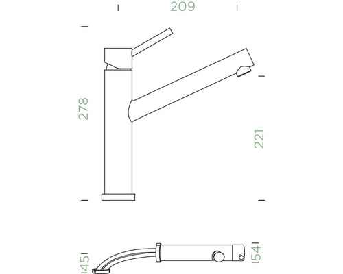 Technische tekening van een keukenkraan met afmetingen