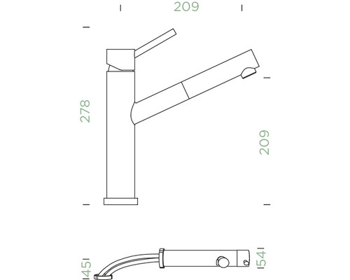 Technische tekening van een keukenkraan met afmetingen