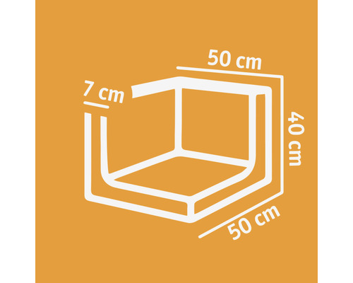 Technische tekening van een meubelelement met afmetingen 50 cm x 50 cm x 40 cm en een wanddikte van 7 cm.