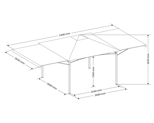 Maatschets van een paviljoen met hoogte- en breedtegegevens in millimeters.