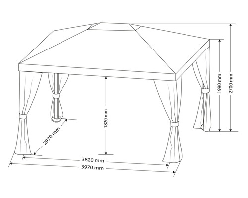 Technische tekening van een tuinpaviljoen met gordijnen en afmetingen