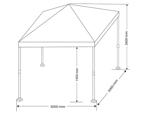 Technische tekening van een paviljoen met hoogte- en breedtegegevens