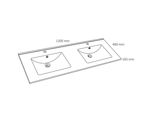 Dubbele wastafelblad met afmetingen van 1200 mm x 460 mm x 165 mm.
