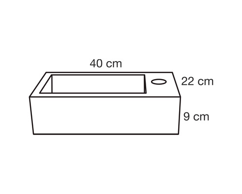 Schets van een wastafel met de afmetingen 40 cm breed, 22 cm diep en 9 cm hoog