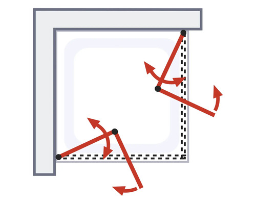 Illustratie van een draaibare douchewand om de bewegingsradius te illustreren