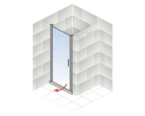 Illustratie van een draaideur voor een douche met een rode draairichtingmarkering.
