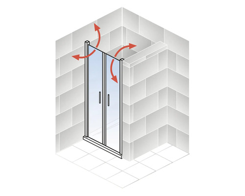 Schematische weergave van een douchecabine met schuifdeuren en richtingsindicatoren voor de deur beweging