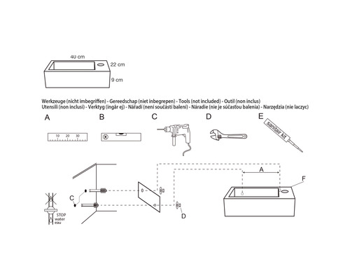 Installatie-instructies voor een wastafel met afmetingen en benodigd gereedschap.