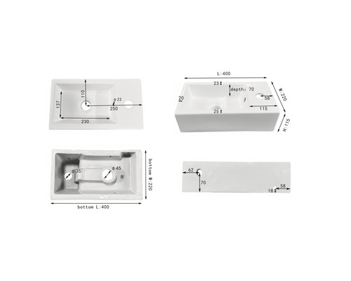 Technische tekening van een witte wastafel met afmetingen