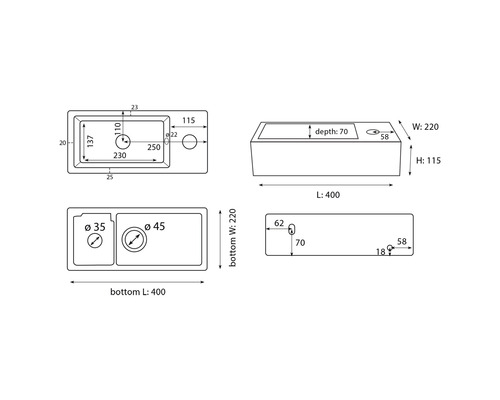 Tekening van een gootsteen met afmetingen