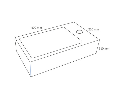 Technische tekening van een opzetwastafel met afmetingen