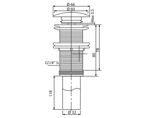 Technische tekening van een wastafelstop met maataanduidingen