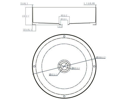 Technische tekening van een rond product met afmetingen