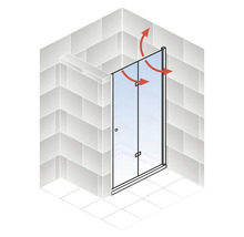 Hoek van een betegelde douche met glazen douchecabine en rode pijlen die de luchtcirculatie weergeven