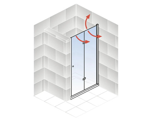 Hoek van een betegelde douche met glazen douchecabine en rode pijlen die de luchtcirculatie weergeven