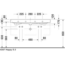 Technische tekening van de Happy D.2 wastafel met afmetingen